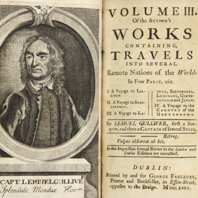 The works of J.S, D.D., D.S.P.D. in four volumes. Containing I. The author's miscellanies in prose. II. His poetical writings. III. The travels of Capt. Lemuel Gulliver. IV. His papers relating to Ireland, consisting of several treatises; among which are, the Drapier letters to the people of Ireland, against receiving Wood's halfpence; also two original Drapier's letters, never before published. [AND] V. The conduct of the allies, and The examiners; VI. The publick spirit of the whigs; and other pieces of political writings; with Polite conversation; VII. Letters to and from Jonathan Swift, D.D, D.S.P.D.; VIII. Directions to servants; and other pieces in prose and verse, published in his life-time; with several poems and letters never before printed. [Complete in 8 volumes].