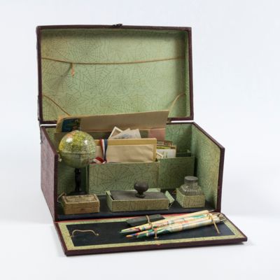 Travelling writer's kit with stationery and miniature globe.