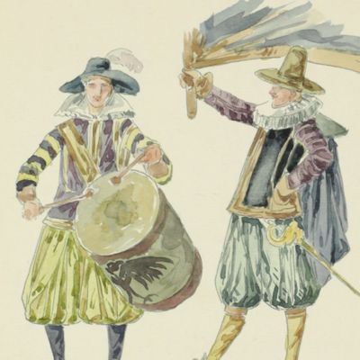 Original watercolours of 17th-century Dutch costumes.
