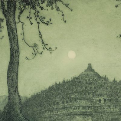 De Boroboedoer bij volle maan. [Borobudur under a full moon]