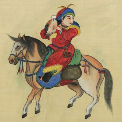 Mongolian horsemen with falcons, cats and rabbits. [Eight original paintings on silk].