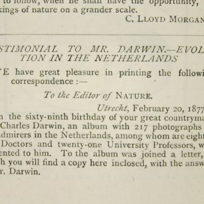 image for [Reply letter]. Testimonial to Mr. Darwin. - Evolution in the Netherlands.