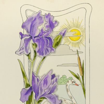 Jugendstil design: original design from Vienna. ‘Holz- und Brandmal-Vorlage’. Very large plate. [Irises and goose].