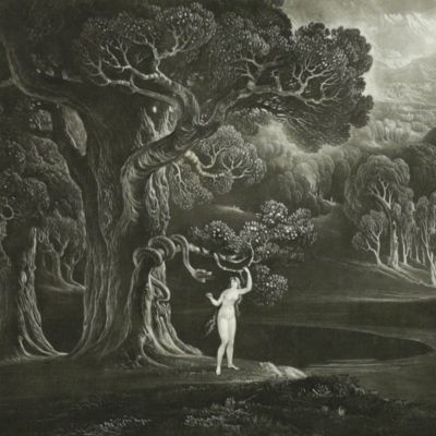 Paradise lost. Satan tempting Eve. Large(st) mezzotint plate from the large-size edition.