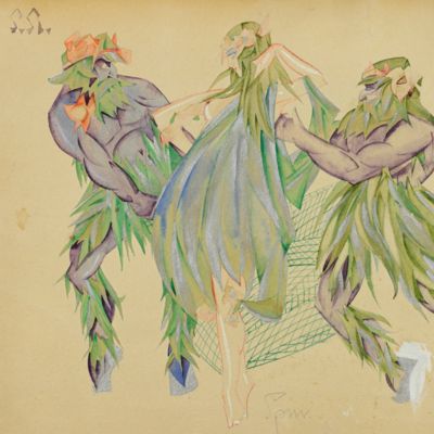 image for Design for three theatre costumes. [Dryad and Sylvan Spirits]