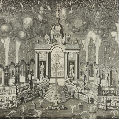 Fireworks - Afbeelding van het vuurwerk in de Hofvijver in Den Haag afgestoken op 14 juni 1713 ter gelegenheid van het sluiten van de Vrede van Utrecht op 11 april. [Image of the fireworks in the Hofvijver in The Hague on June 14, 1713 on the occasion of the conclusion of the Treaty of Utrecht on April 11].